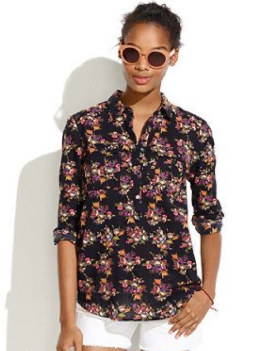Madewell Floral Button-Down Shirt - Black/Pink